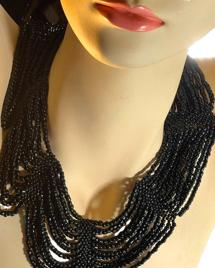 Vintage black micro bead cleopatra necklace choker multi strand thick