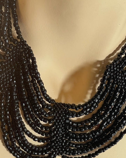 Vintage black micro bead cleopatra necklace choker multi strand thick