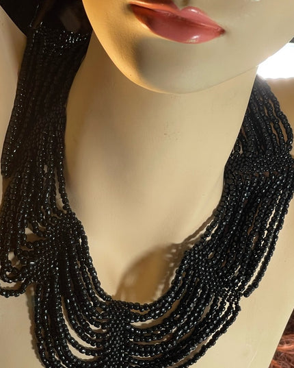 Vintage black micro bead cleopatra necklace choker multi strand thick