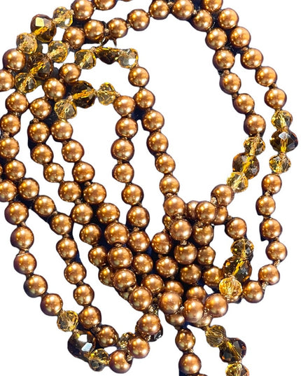 Glass pearl copper color with amber crystal necklace VG Long double up