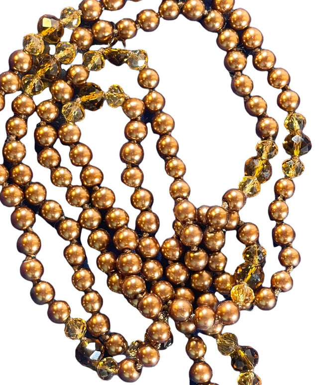 Glass pearl copper color with amber crystal necklace VG Long double up