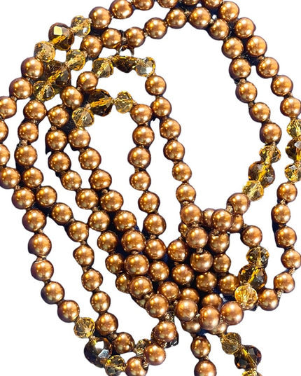 Glass pearl copper color with amber crystal necklace VG Long double up