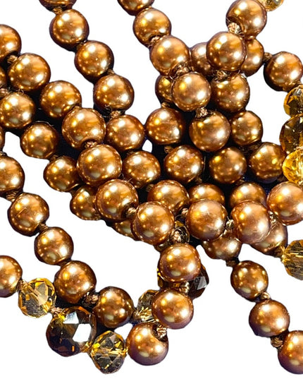 Glass pearl copper color with amber crystal necklace VG Long double up
