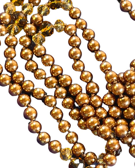 Glass pearl copper color with amber crystal necklace VG Long double up