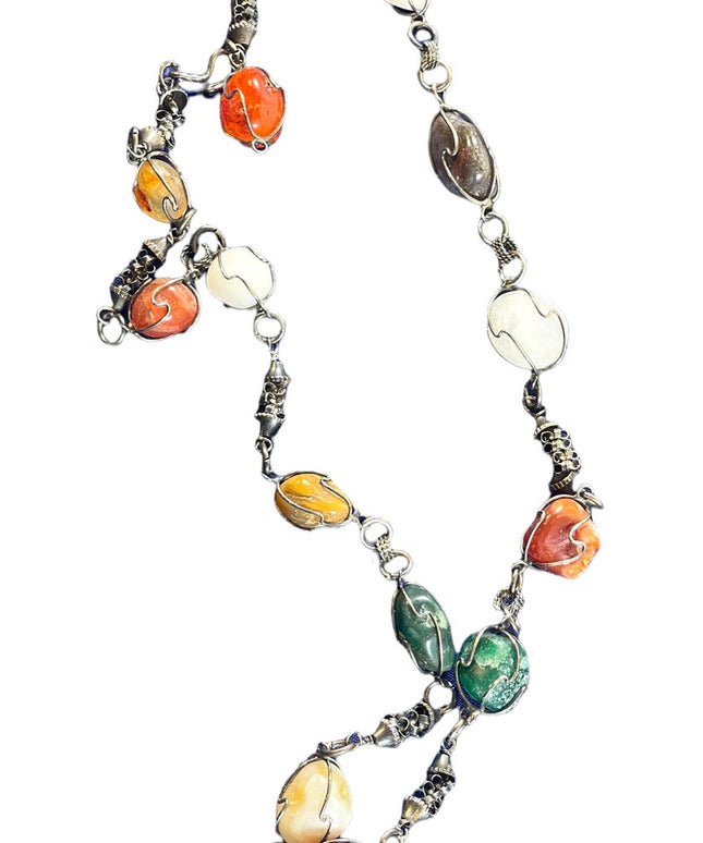 Vintage rough various color Agate stone  wire wrap necklace links VG