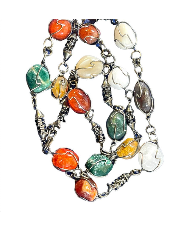 Vintage rough various color Agate stone  wire wrap necklace links VG
