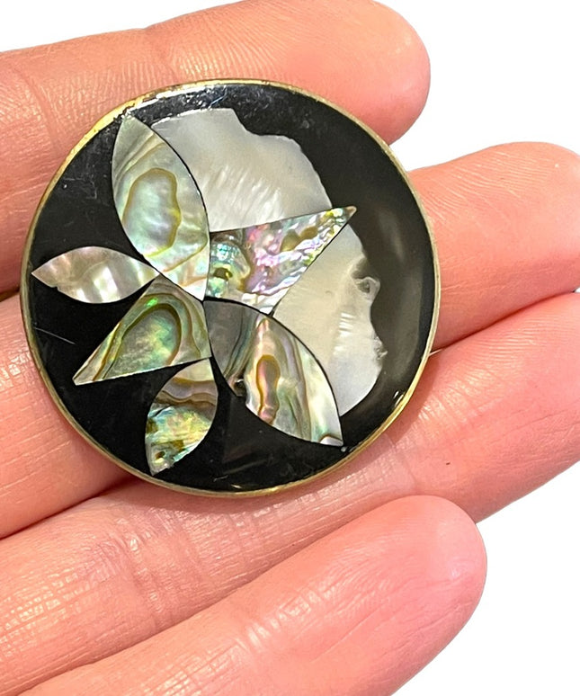 Vinatge 1960s Alpaca Abalone Flower silver brooch Mexico shell
