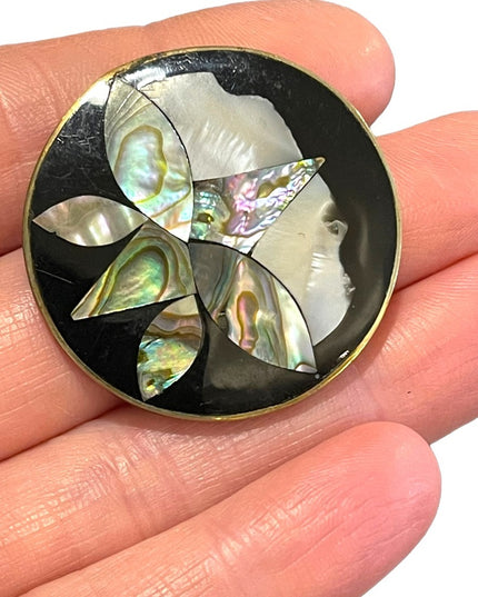 Vinatge 1960s Alpaca Abalone Flower silver brooch Mexico shell
