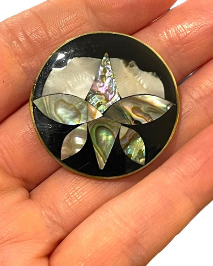Vinatge 1960s Alpaca Abalone Flower silver brooch Mexico shell