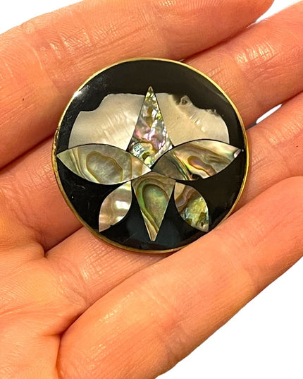 Vinatge 1960s Alpaca Abalone Flower silver brooch Mexico shell