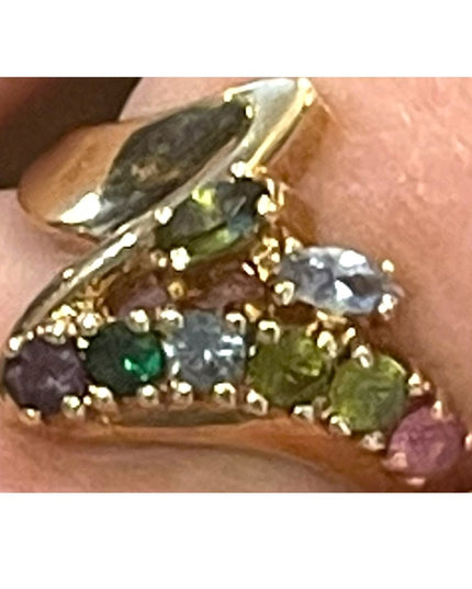 Vintage 10k gold Multi gemstone peridot amethyst topaz YG ring zig zag design