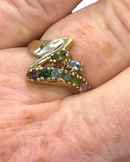 Vintage 10k gold Multi gemstone peridot amethyst topaz YG ring zig zag design