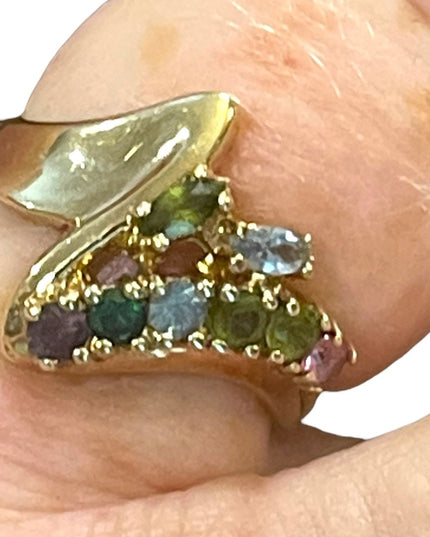 Vintage 10k gold Multi gemstone peridot amethyst topaz YG ring zig zag design