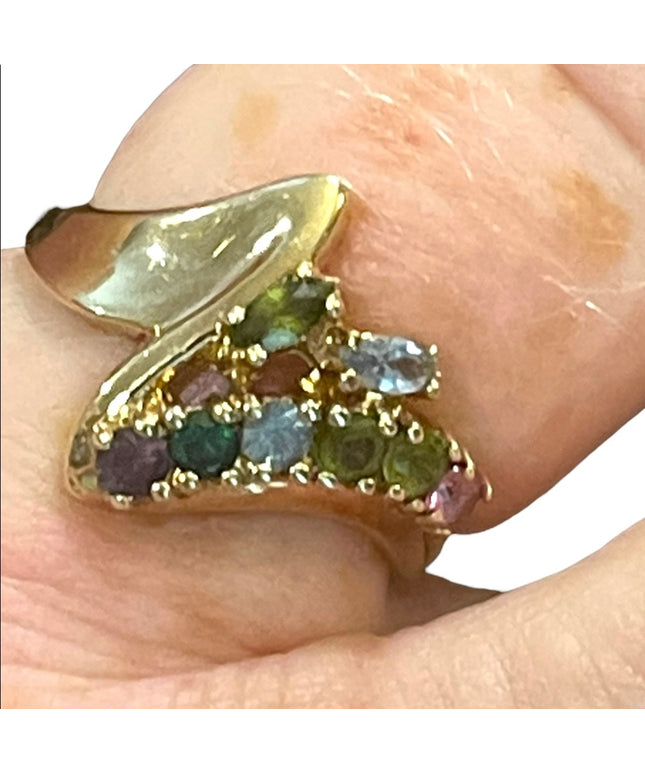 Vintage 10k gold Multi gemstone peridot amethyst topaz YG ring zig zag design