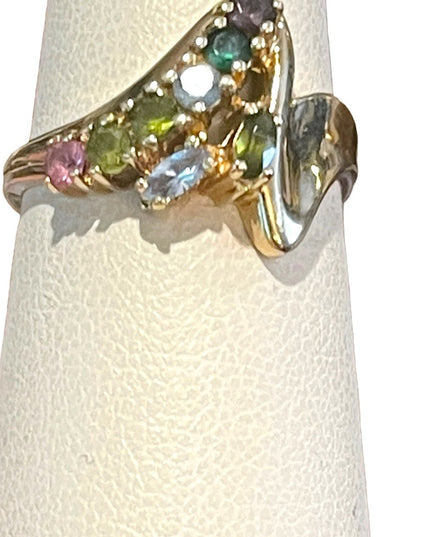 Vintage 10k gold Multi gemstone peridot amethyst topaz YG ring zig zag design
