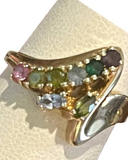 Vintage 10k gold Multi gemstone peridot amethyst topaz YG ring zig zag design