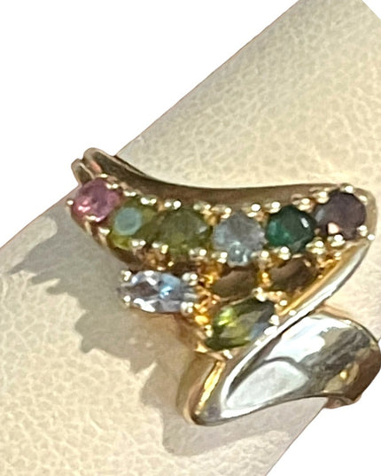 Vintage 10k gold Multi gemstone peridot amethyst topaz YG ring zig zag design