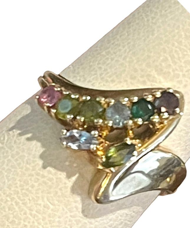 Vintage 10k gold Multi gemstone peridot amethyst topaz YG ring zig zag design