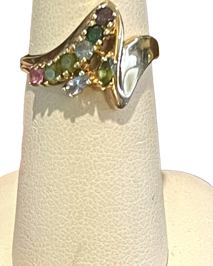 Vintage 10k gold Multi gemstone peridot amethyst topaz YG ring zig zag design