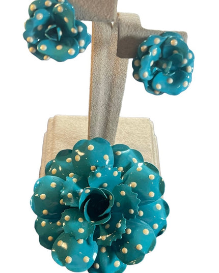Vintage Joan Rivers  blue and white polka dot earrings & brooch metal flower