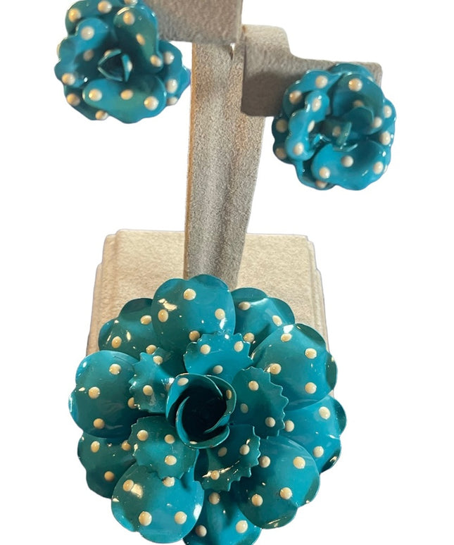 Vintage Joan Rivers  blue and white polka dot earrings & brooch metal flower