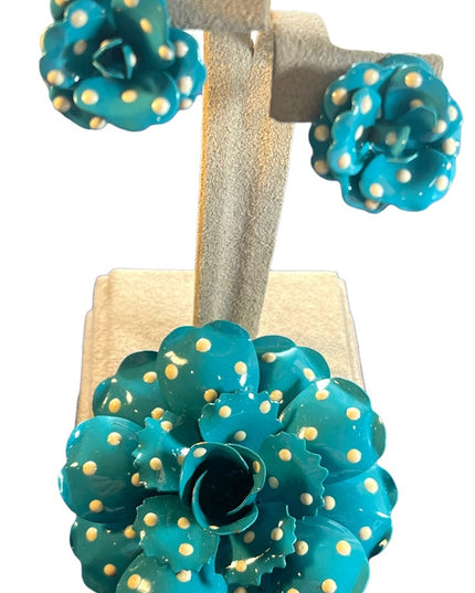 Vintage Joan Rivers  blue and white polka dot earrings & brooch metal flower