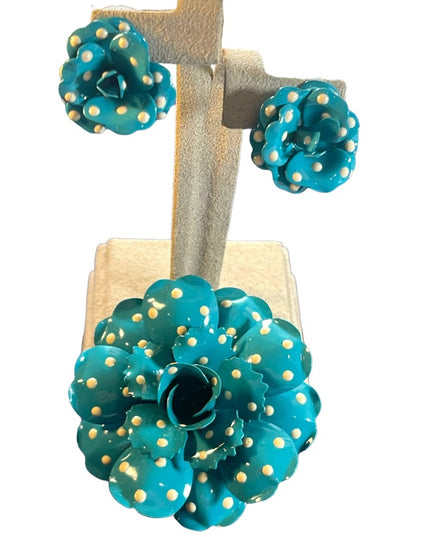 Vintage Joan Rivers  blue and white polka dot earrings & brooch metal flower