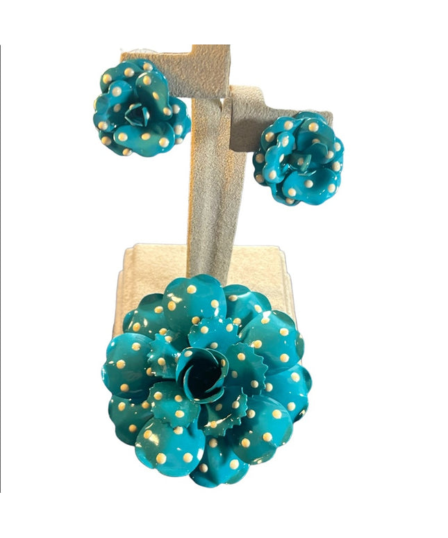 Vintage Joan Rivers  blue and white polka dot earrings & brooch metal flower