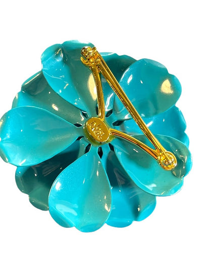 Vintage Joan Rivers  blue and white polka dot earrings & brooch metal flower