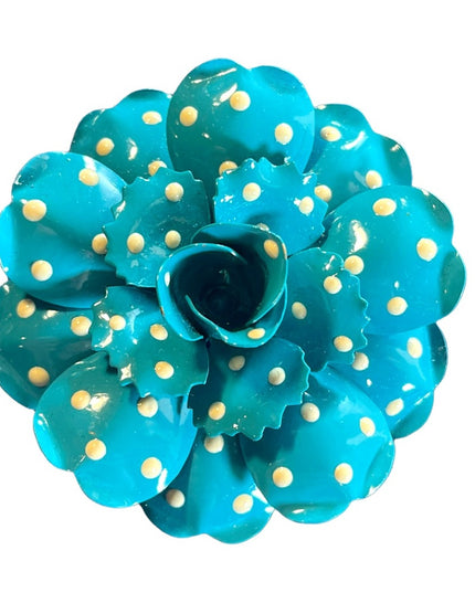Vintage Joan Rivers  blue and white polka dot earrings & brooch metal flower