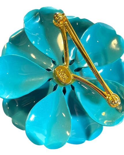 Vintage Joan Rivers  blue and white polka dot earrings & brooch metal flower