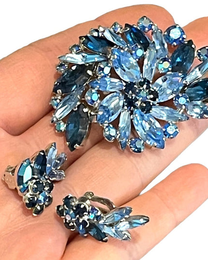 Vintage 1950s Blue AB crystal SHERMAN Brooch & clip on earrings Matching SET LG