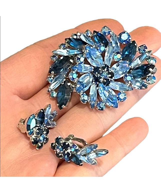 Vintage 1950s Blue AB crystal SHERMAN Brooch & clip on earrings Matching SET LG