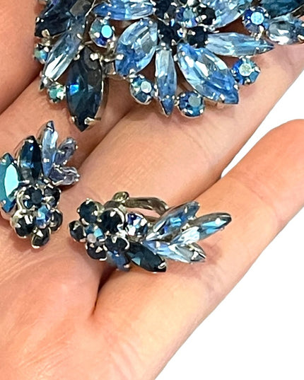 Vintage 1950s Blue AB crystal SHERMAN Brooch & clip on earrings Matching SET LG