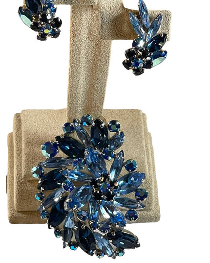Vintage 1950s Blue AB crystal SHERMAN Brooch & clip on earrings Matching SET LG