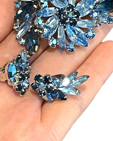 Vintage 1950s Blue AB crystal SHERMAN Brooch & clip on earrings Matching SET LG