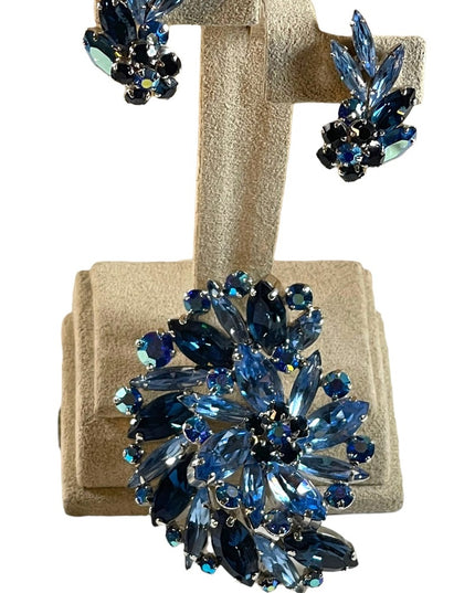 Vintage 1950s Blue AB crystal SHERMAN Brooch & clip on earrings Matching SET LG