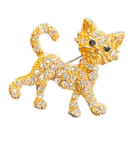 Vintage 1970s Crystal rhinestone gold finish Cat walking CUTE Brooch