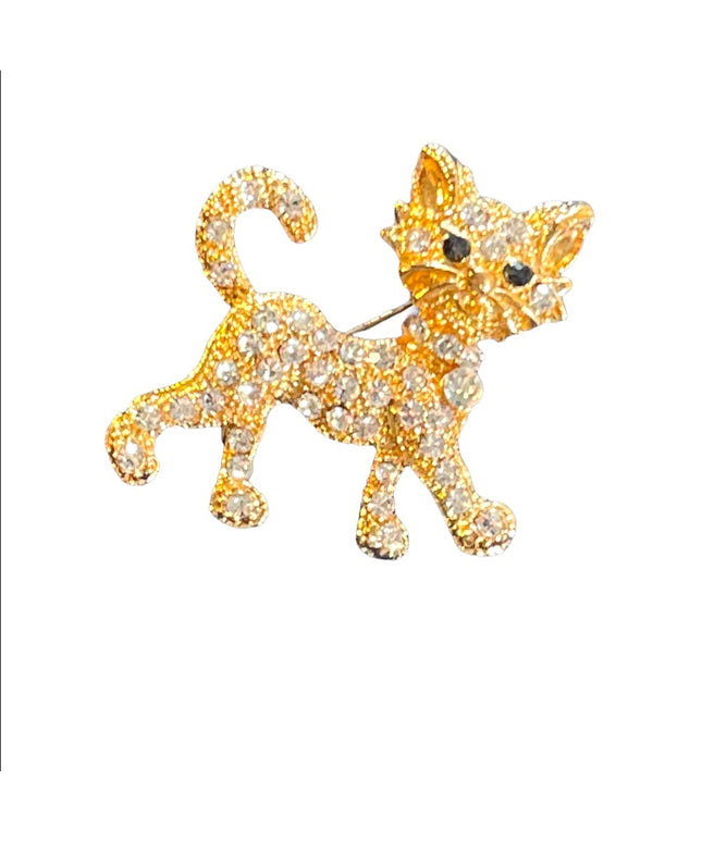Vintage 1970s Crystal rhinestone gold finish Cat walking CUTE Brooch