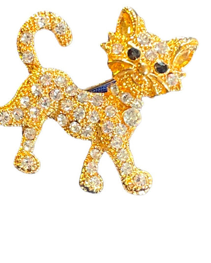 Vintage 1970s Crystal rhinestone gold finish Cat walking CUTE Brooch
