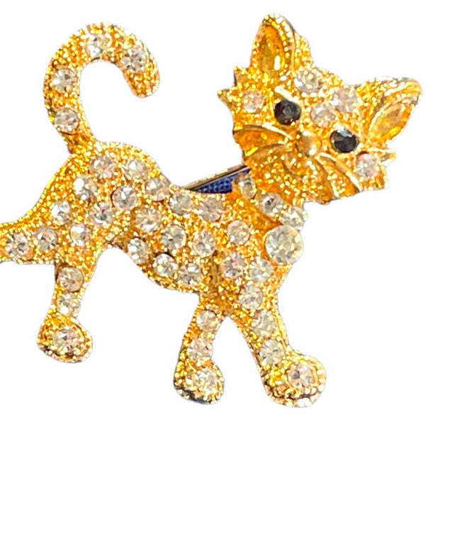 Vintage 1970s Crystal rhinestone gold finish Cat walking CUTE Brooch