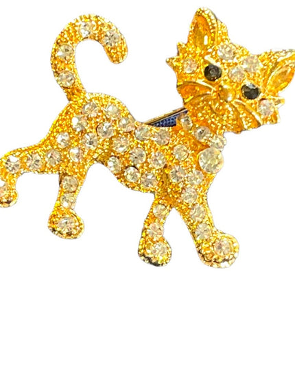 Vintage 1970s Crystal rhinestone gold finish Cat walking CUTE Brooch