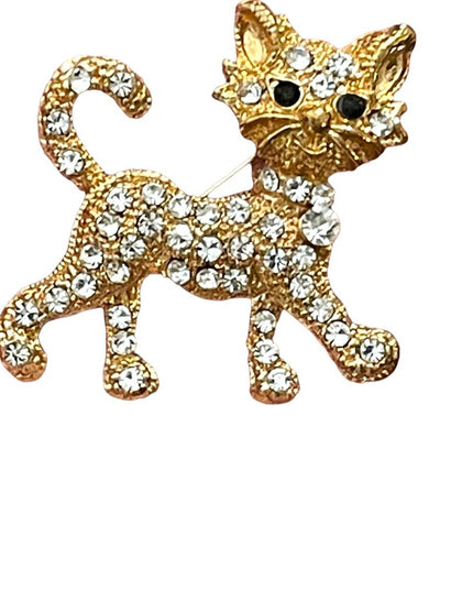 Vintage 1970s Crystal rhinestone gold finish Cat walking CUTE Brooch