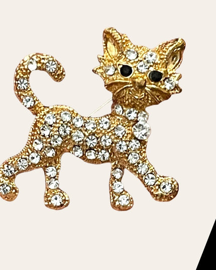 Vintage 1970s Crystal rhinestone gold finish Cat walking CUTE Brooch
