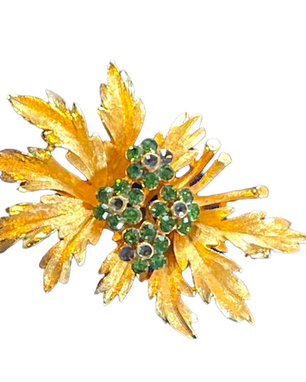 Vintage 1960s Gold Plate antiqued green crystal rhinestone leaf flower brooch