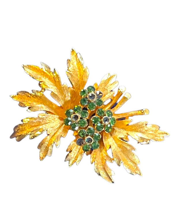 Vintage 1960s Gold Plate antiqued green crystal rhinestone leaf flower brooch