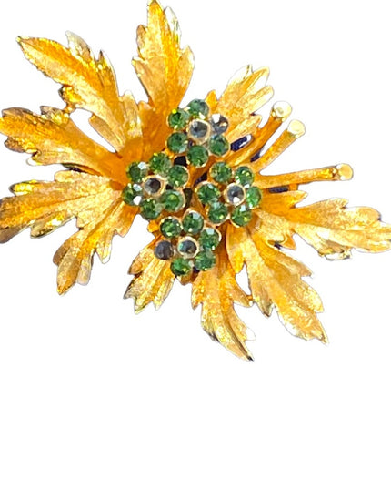 Vintage 1960s Gold Plate antiqued green crystal rhinestone leaf flower brooch