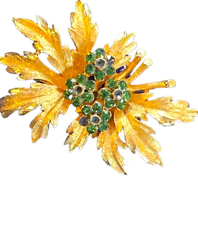Vintage 1960s Gold Plate antiqued green crystal rhinestone leaf flower brooch