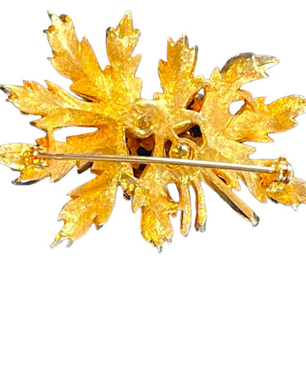 Vintage 1960s Gold Plate antiqued green crystal rhinestone leaf flower brooch