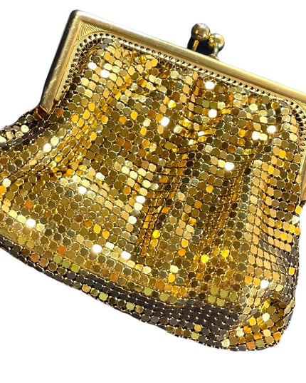 Vintage 1960s Gold metal chain mail change purse rhinestone kiss lock